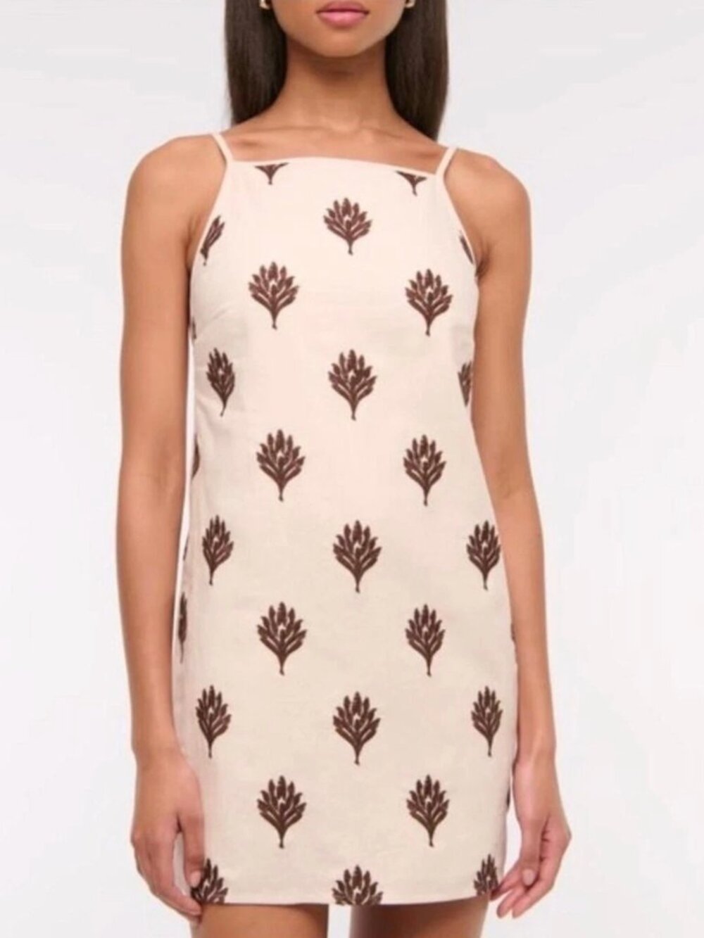 NWT Abercrombie and Fitch Cream Linen Blend Mini Dress Embroidered Leaf Sz XS